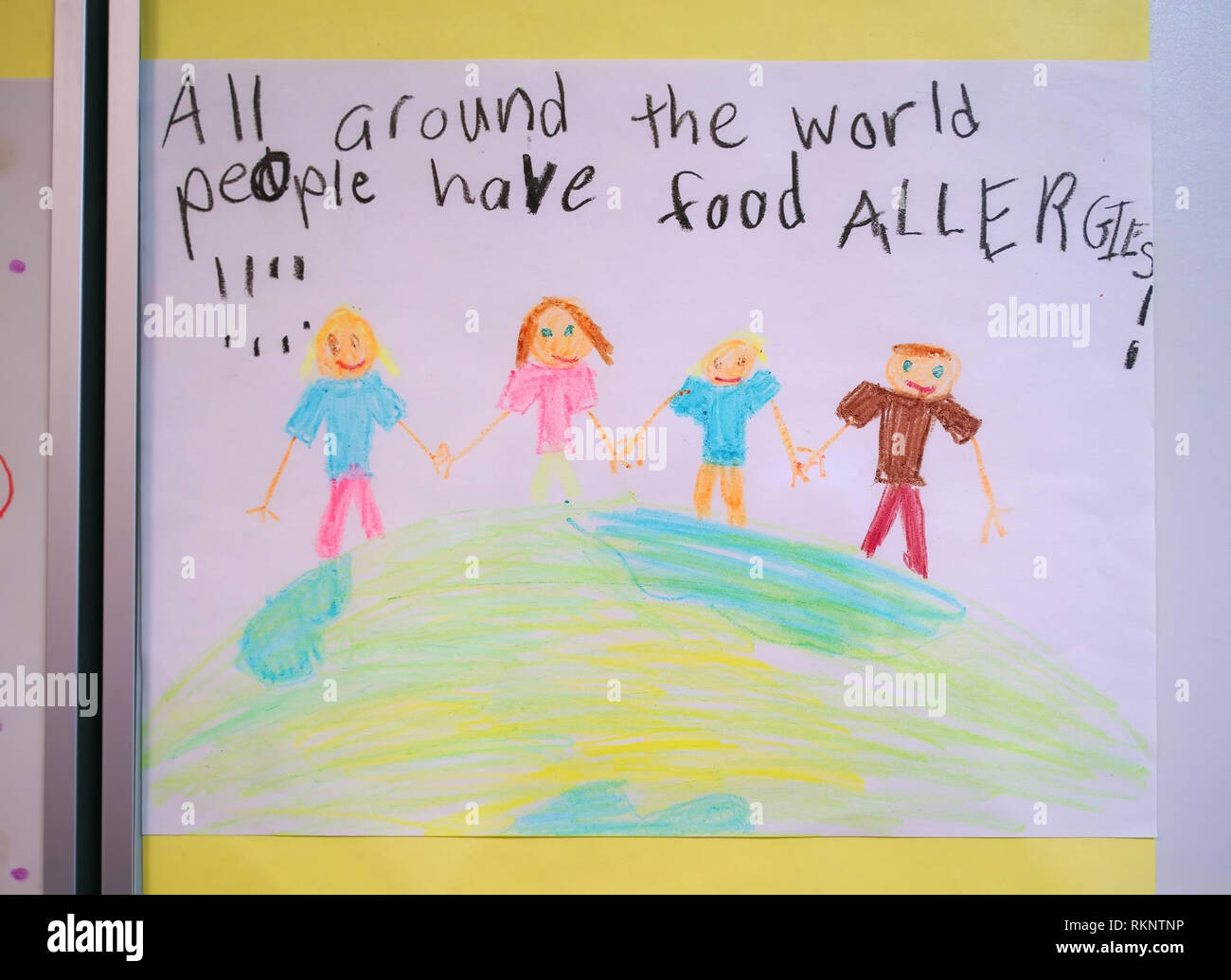 Kid`s coloring artwork on display expressing their feelings towards